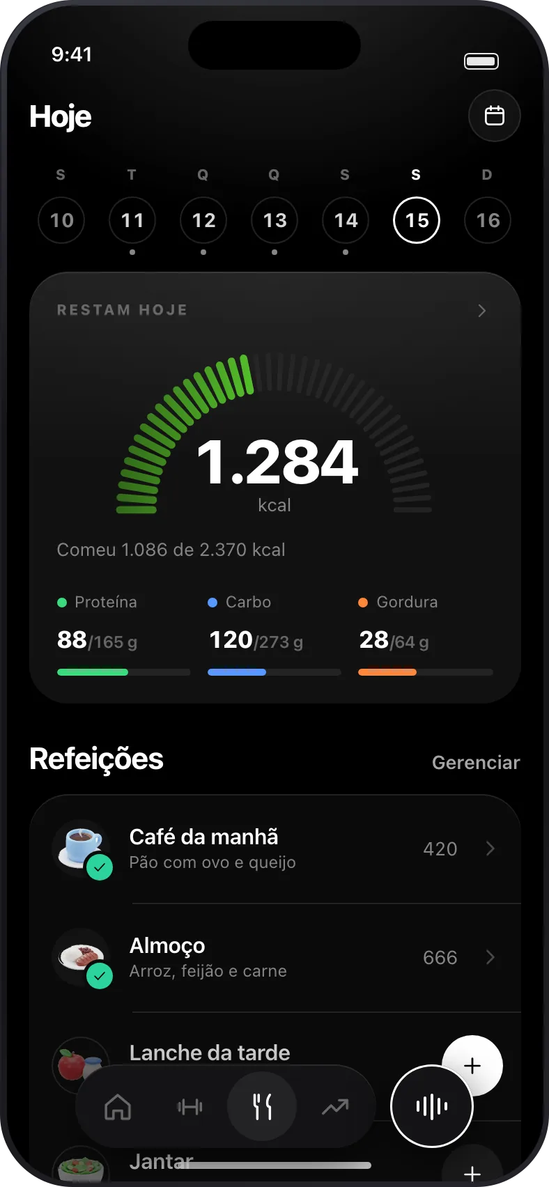 Resumo do dia com as calorias restantes, os macros e as refeições